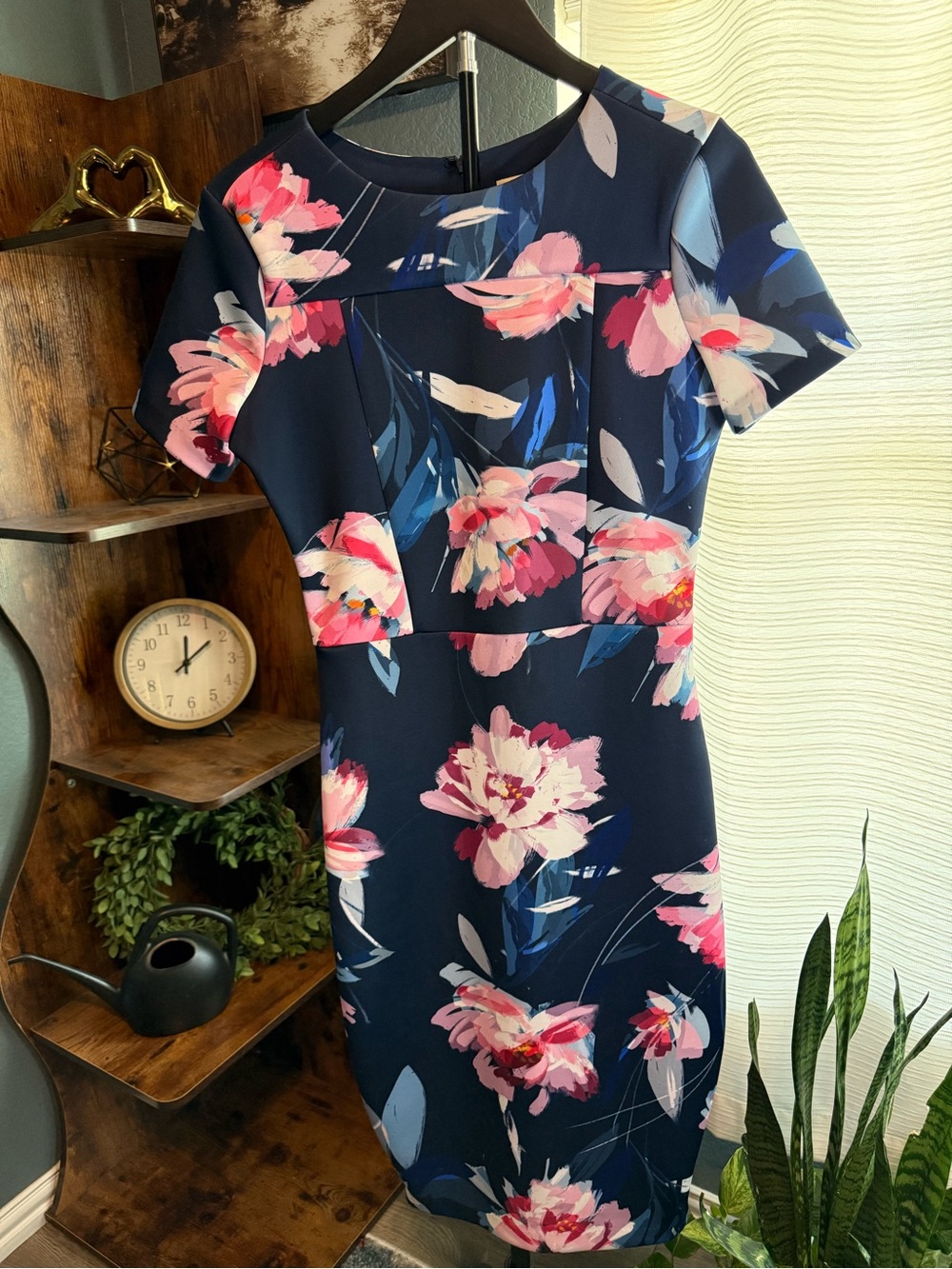 Neiman Marcus Navy Floral Midi Dress with Pink Blooms